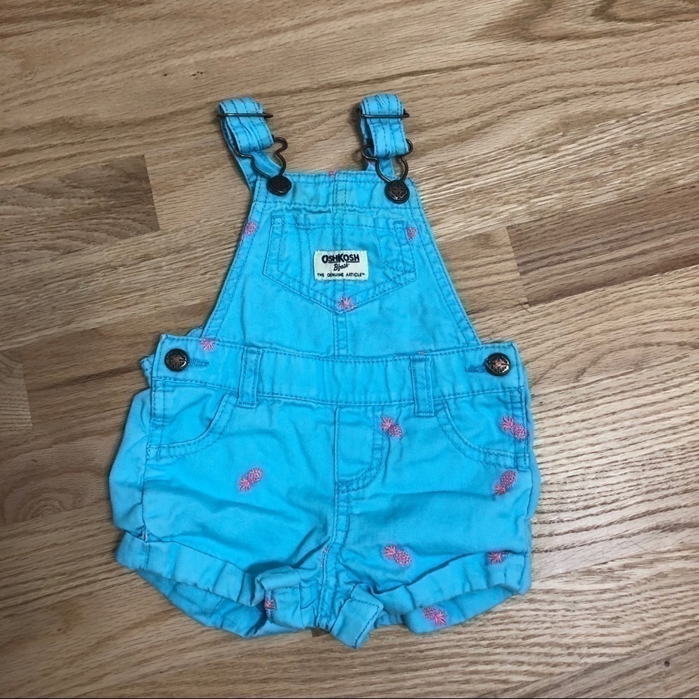 OshKosh Pineapple Shortalls Blue Pink 6 Months Denim Shorts Overalls Kids Girls